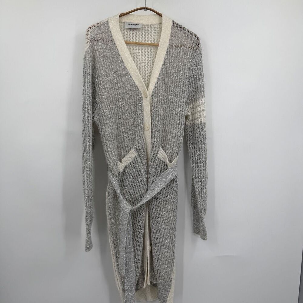Thom Browne New York Long Open Knit Belted Cardigan Gray Ivory Wool Blend Size M